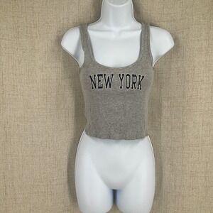 John Galt Tank Top Womens One Size Gray Cotton Ribbed New York Graphic Cropped